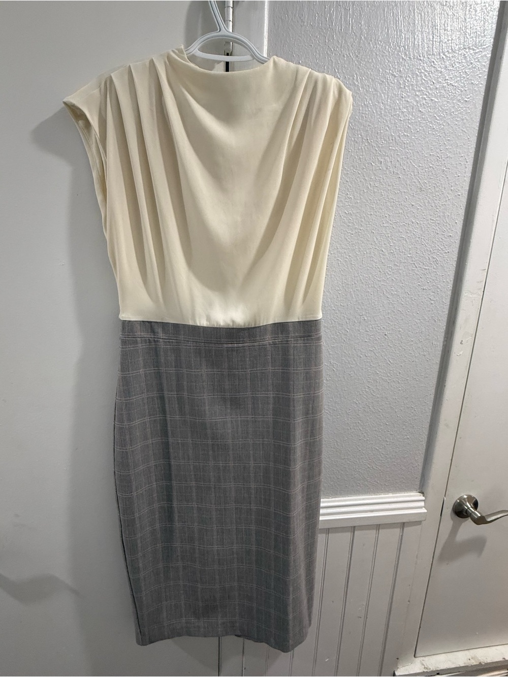 Express Ivory and Gray Plaid Midi Sheath Dress